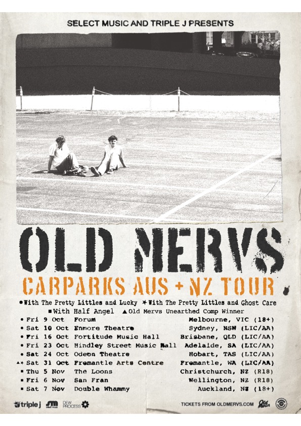 Tour poster for Old Mervs Carparks AUS + NZ Tour listing concert dates and special guests below a photo of two people sitting in a carpark.